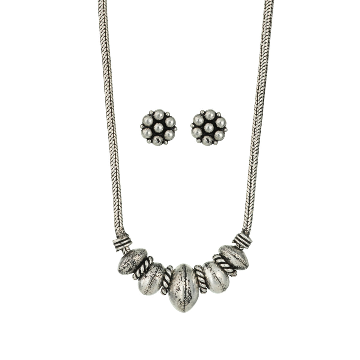 Oxidized Silver Beaded Necklace Set with Stud Earrings – Utsaav by