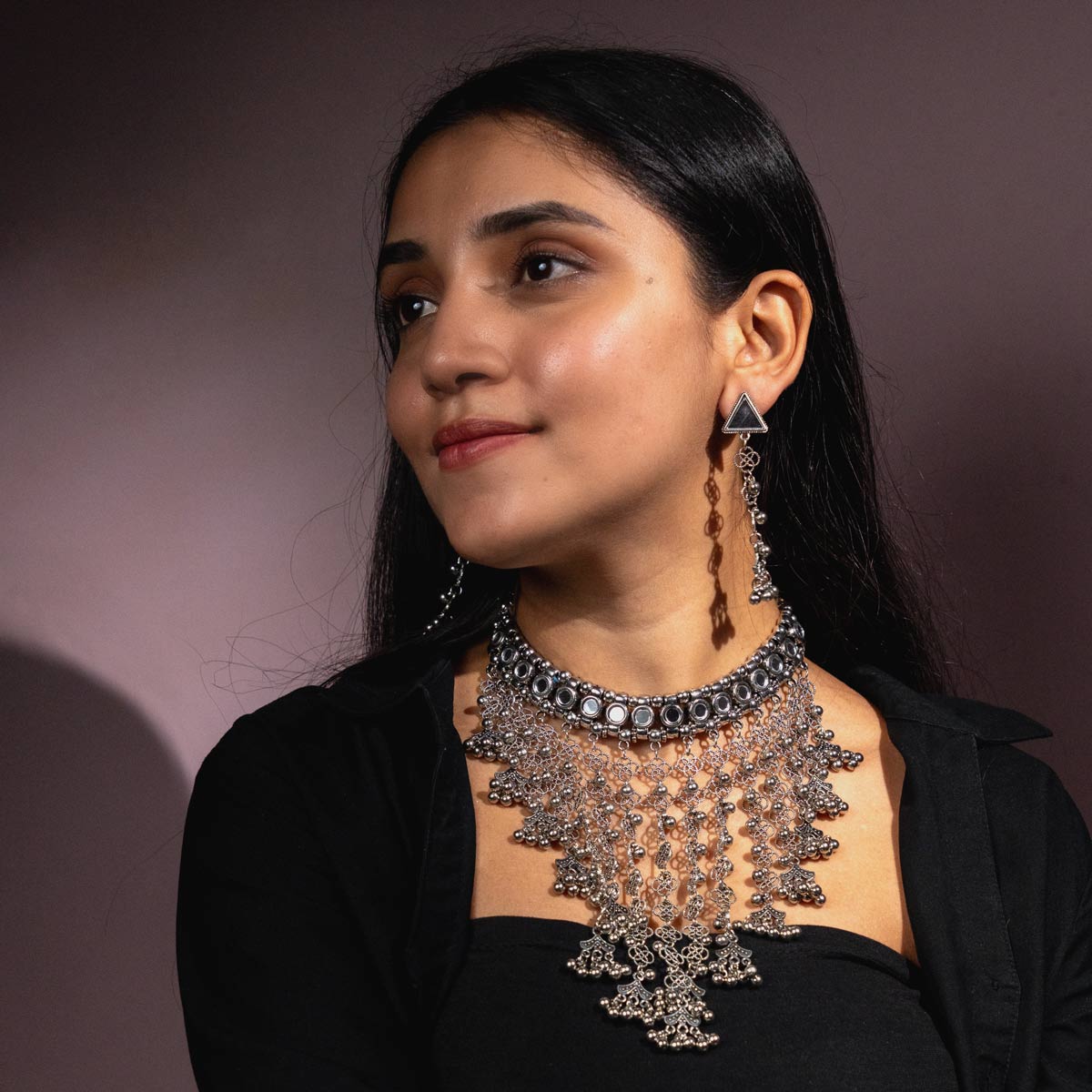 Oxidised Silver Mirror Necklace Set – Traditional Indian Choker