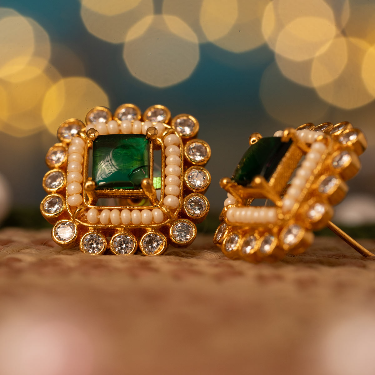 Emerald Majesty Square Gold-Plated Stud Earrings
