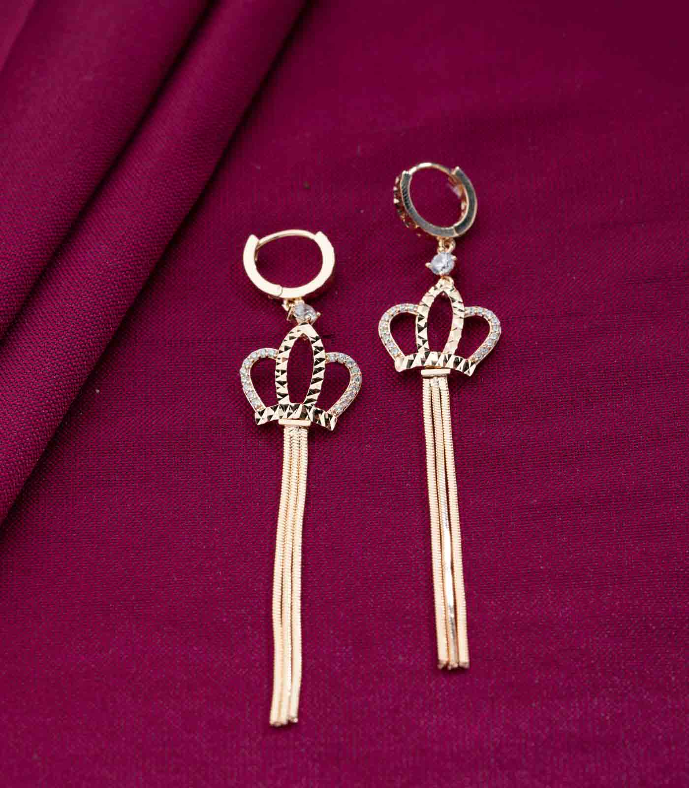 Crown Charm Long Bar Drop Earrings
