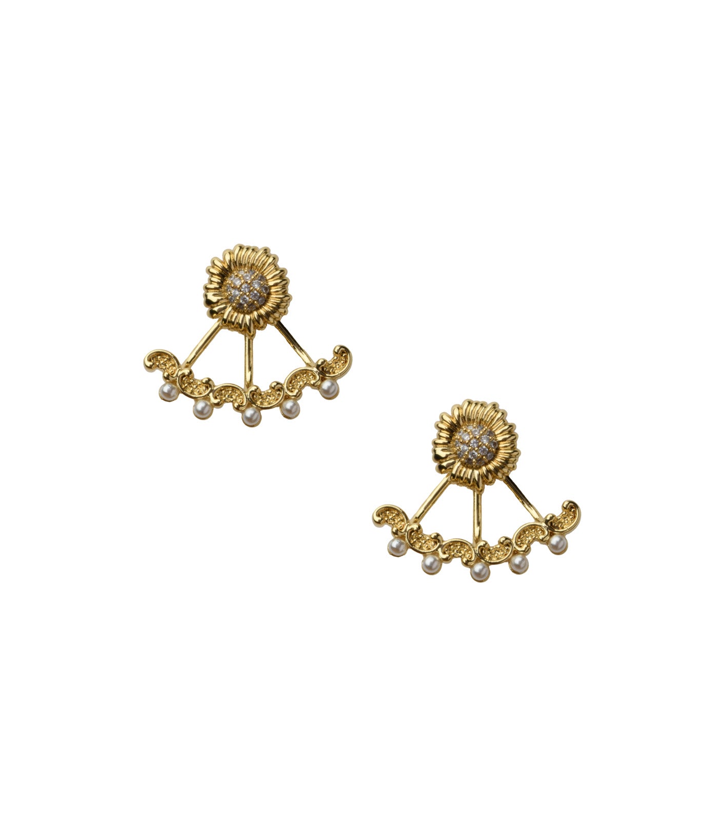 Sunburst Fan Stud Earrings with Pearl Detail