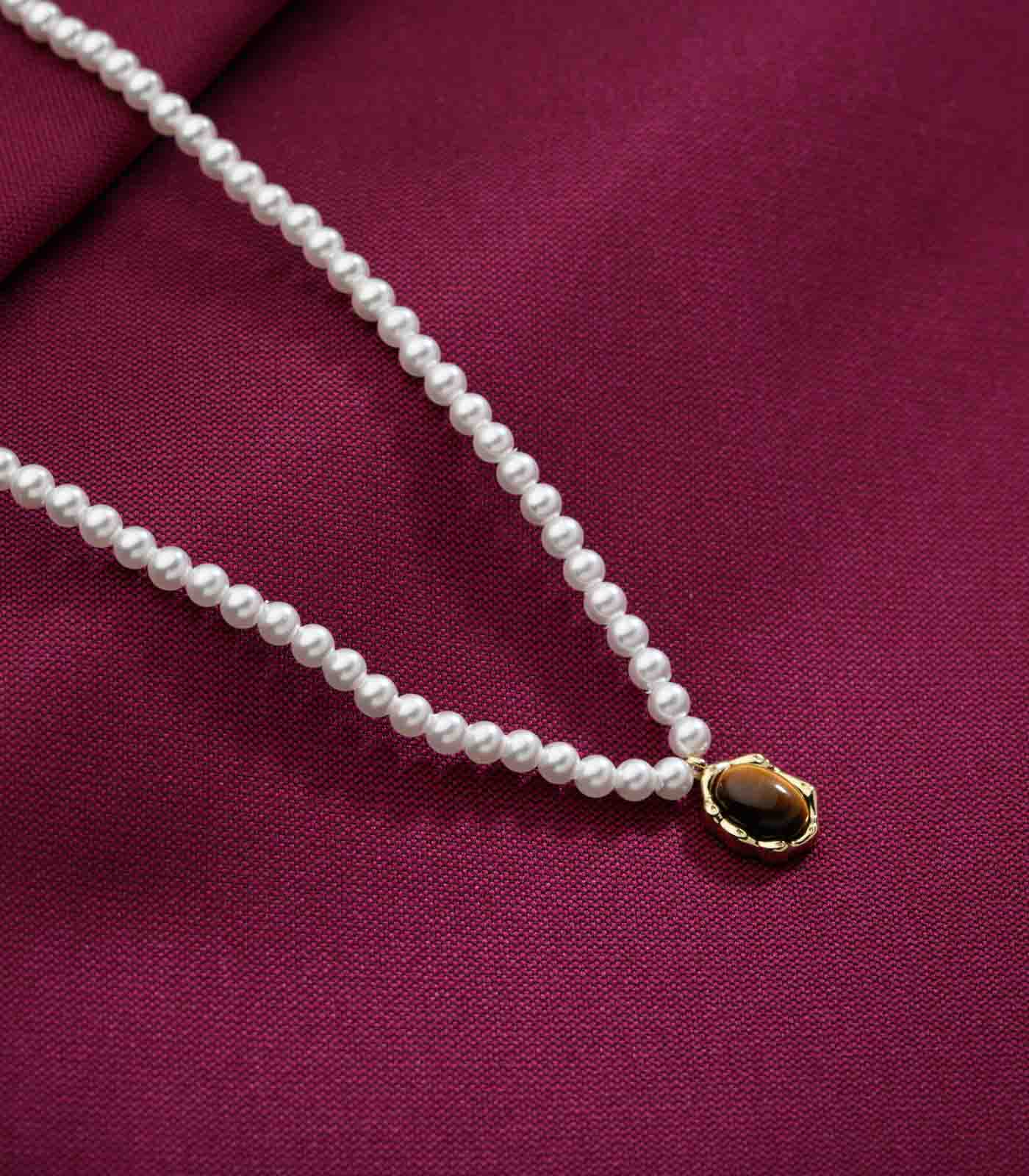 Pearl Strand Necklace with Brown Stone Pendant