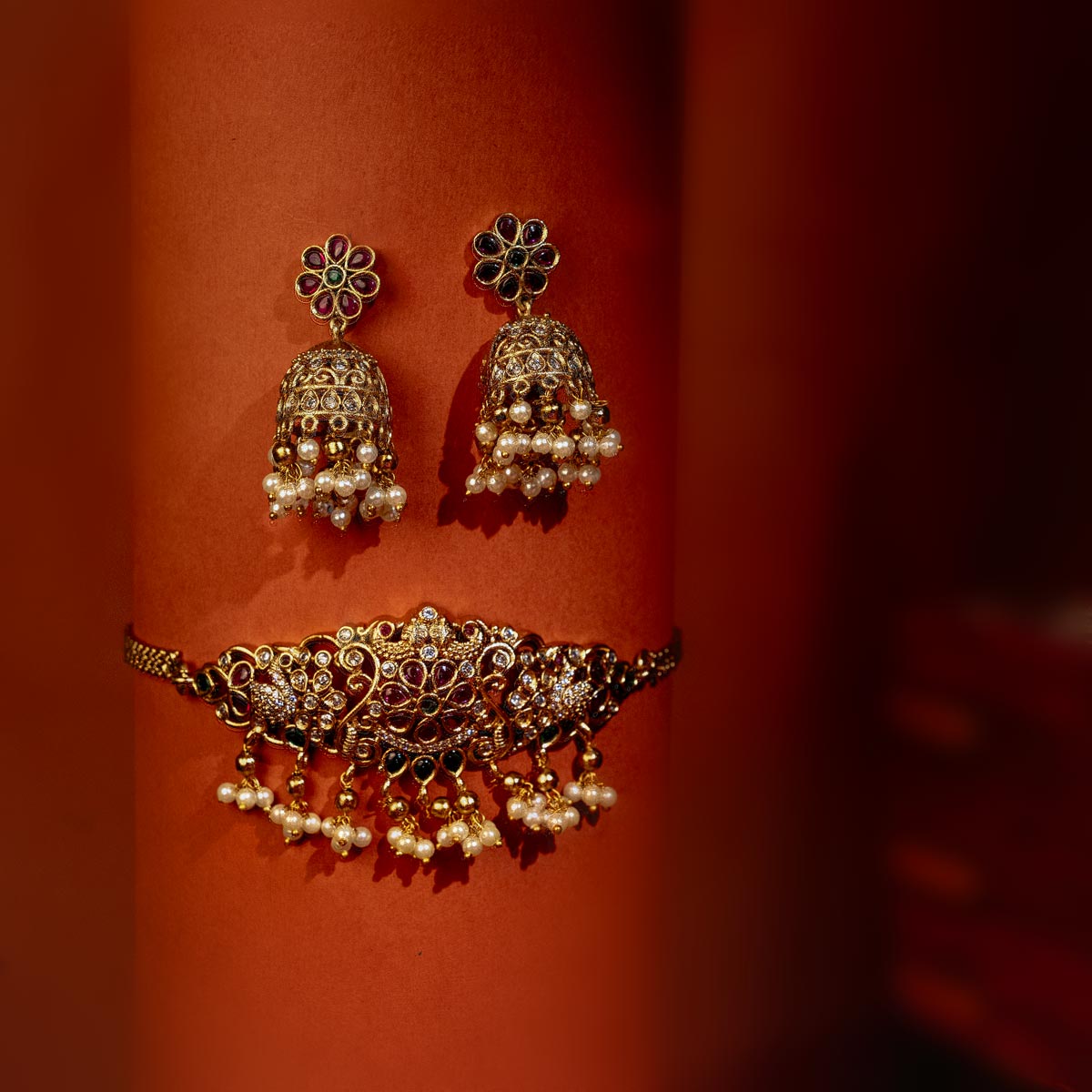 Kundan Floral Jhumka Choker Necklace Set