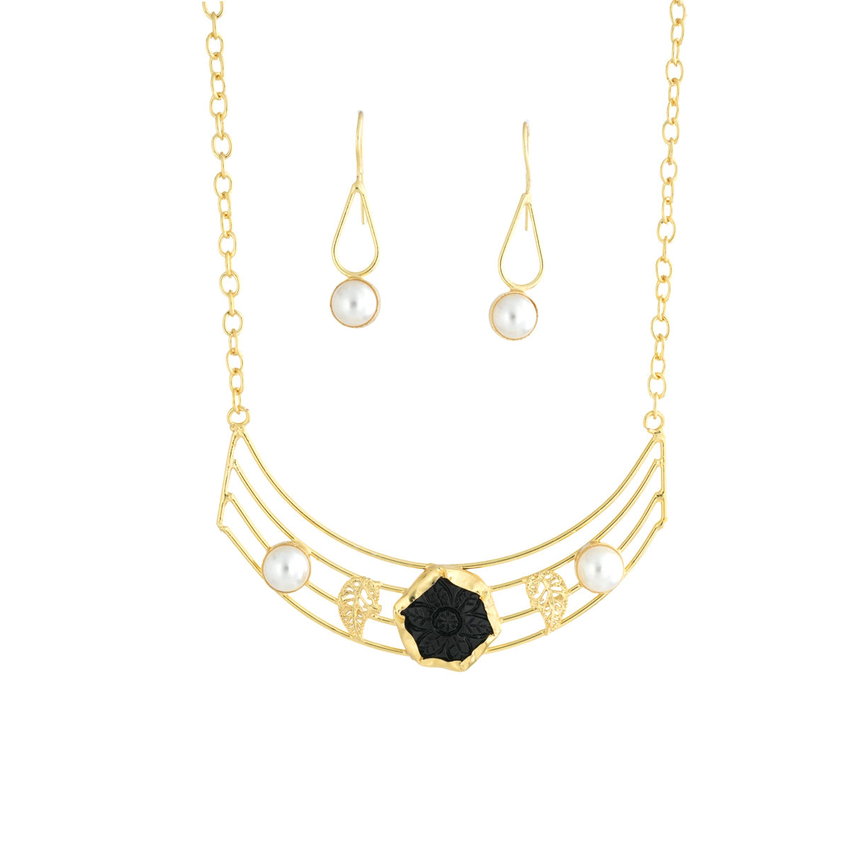 Golden Modern Necklace Set with Black Stone and Pearl Accents