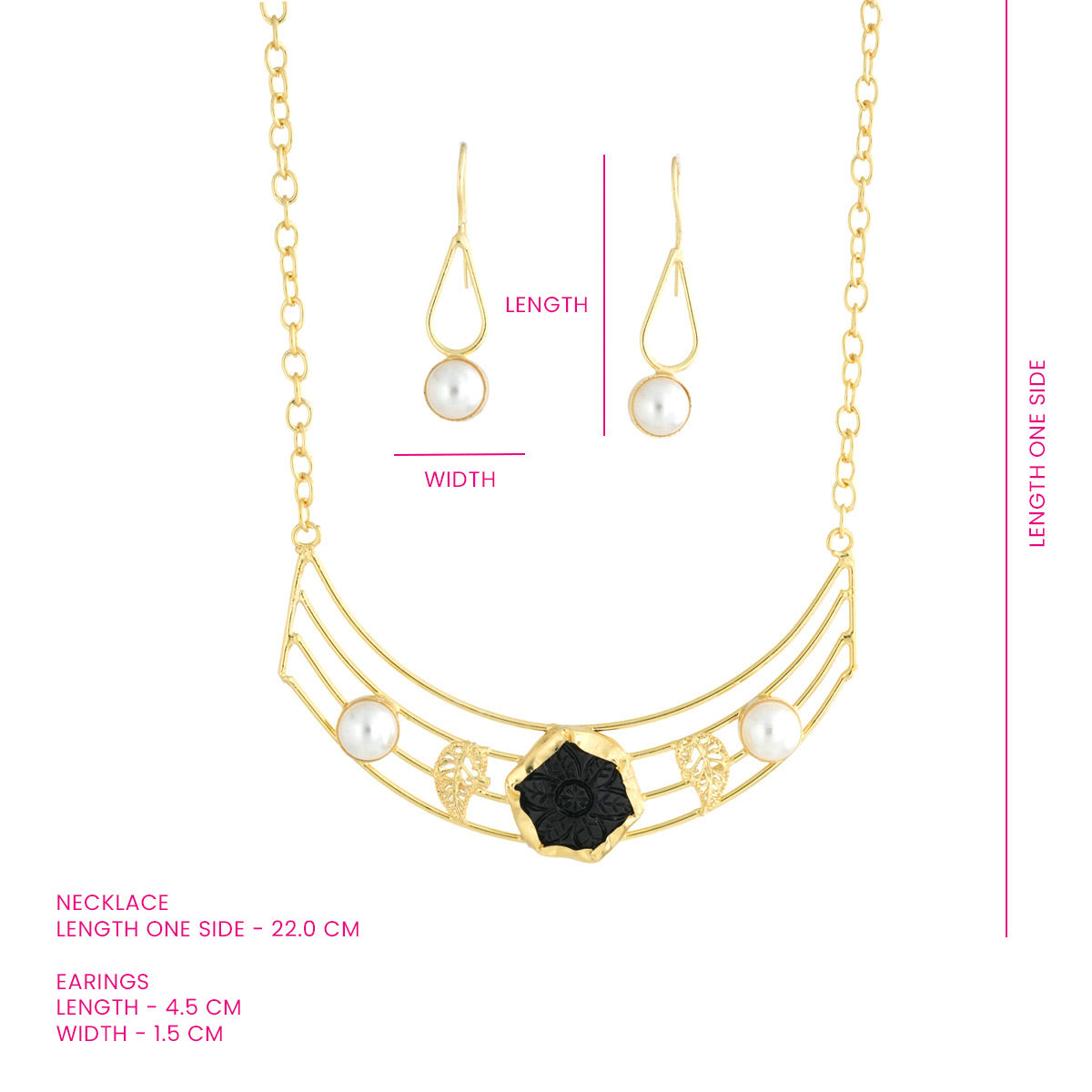 Golden Modern Necklace Set with Black Stone and Pearl Accents