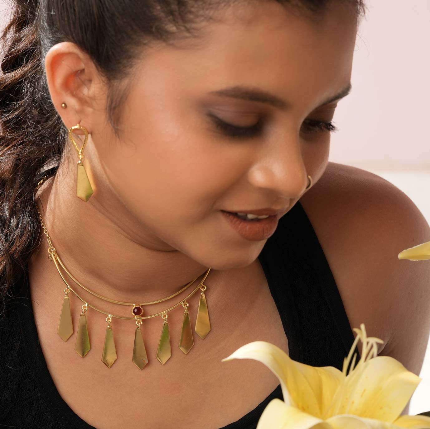 Gold-Toned Statement Necklace Set with Coral Accent