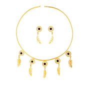 Gold-Plated Black Stone Leaf Charm Necklace Set