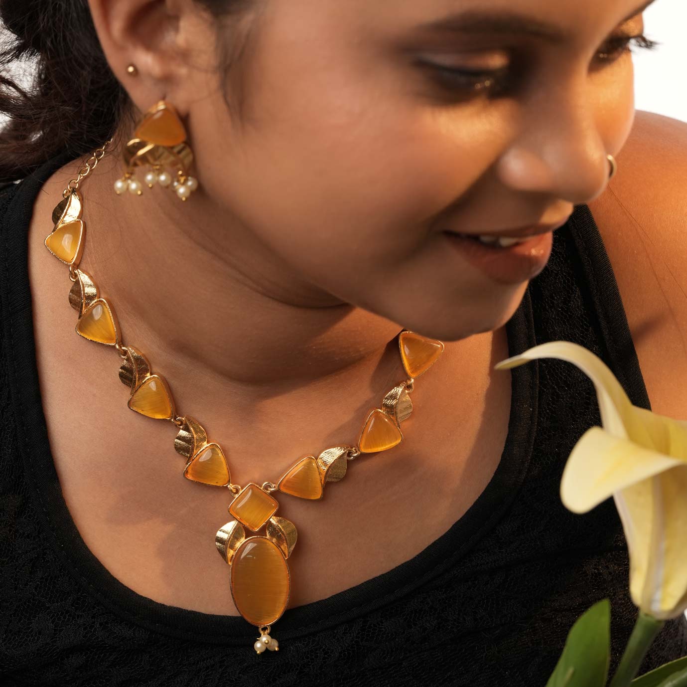 Gold-Plated Amber Stone Necklace Set