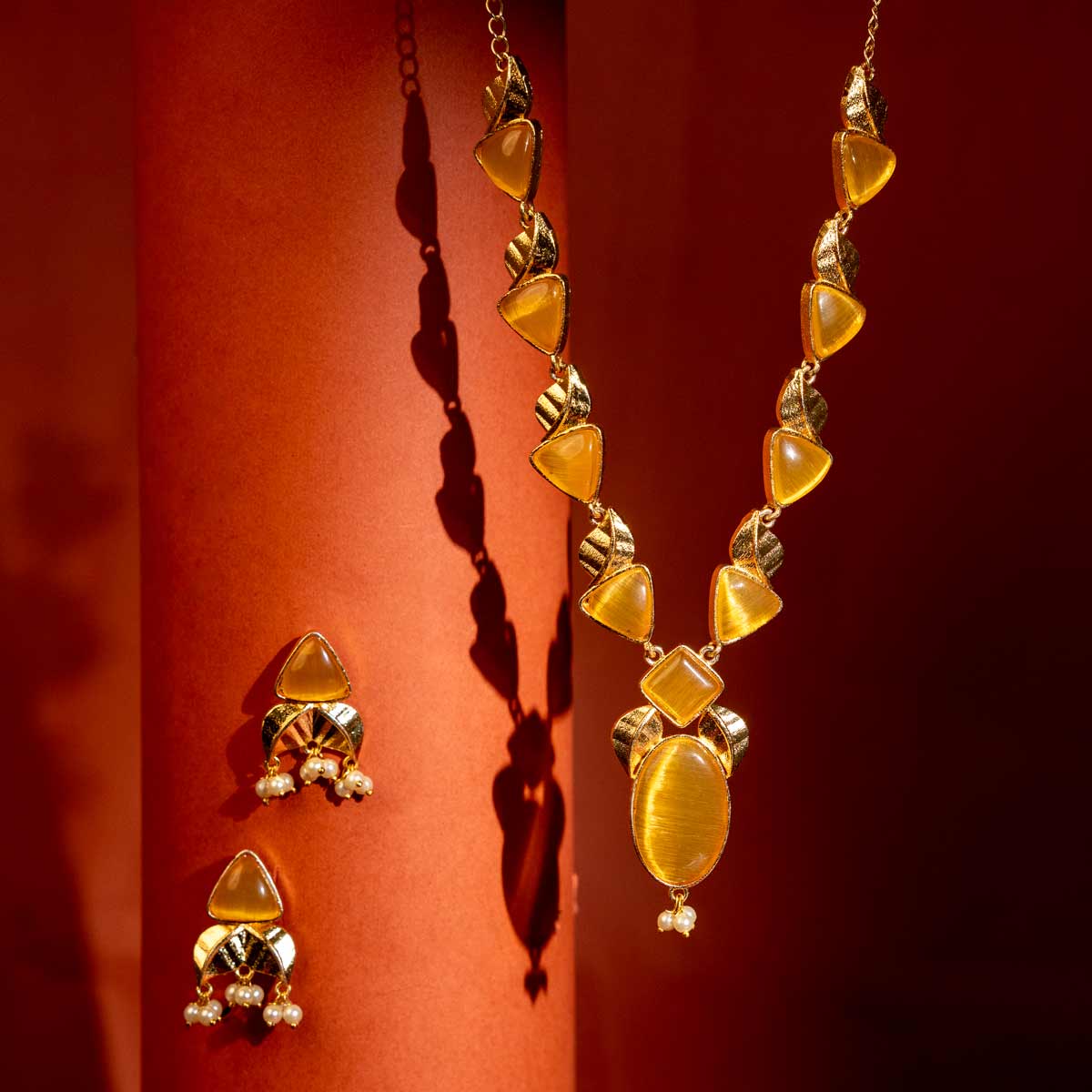 Gold-Plated Amber Stone Necklace Set