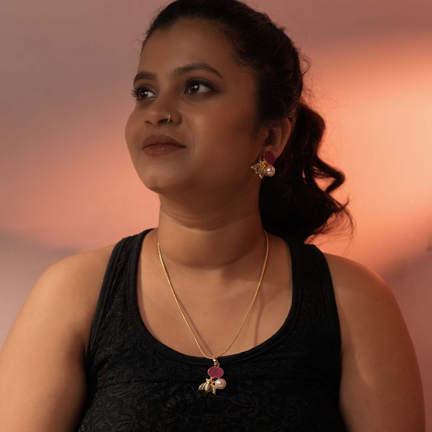 Gold-Plated Bee Charm Necklace and Earrings Set