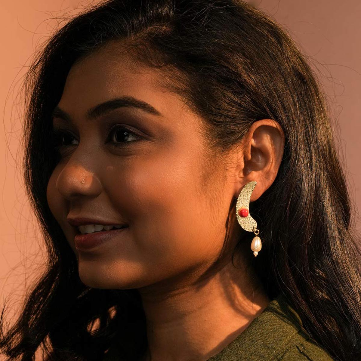 Earrings with Brown Stone and Pearl Drop