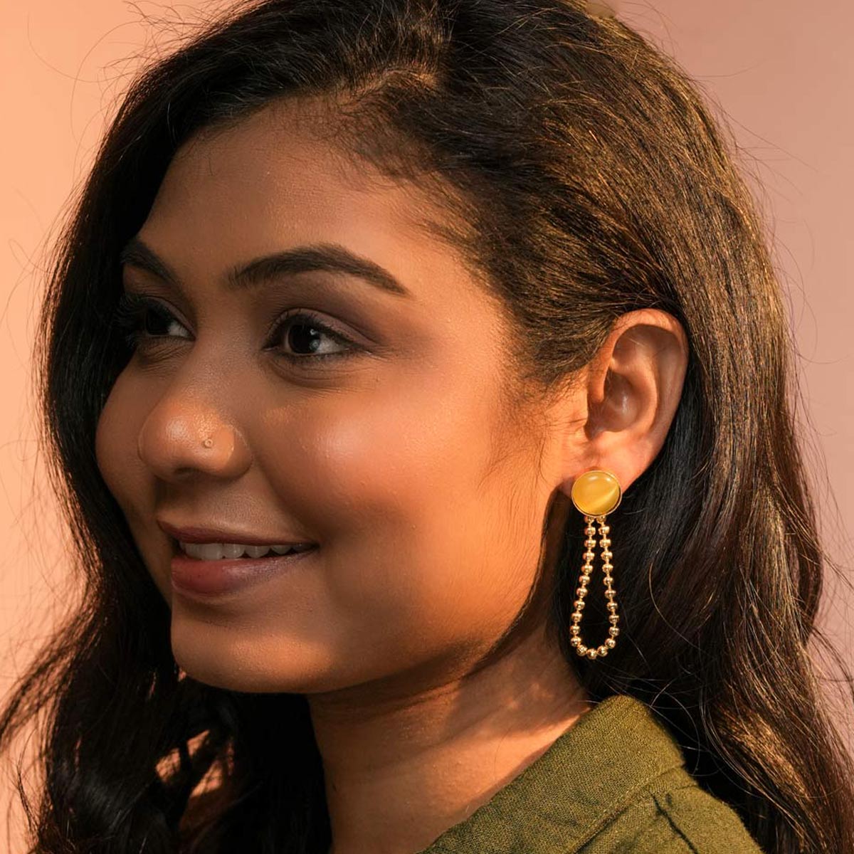 Green Beaded Drop Earrings with Circular Stud