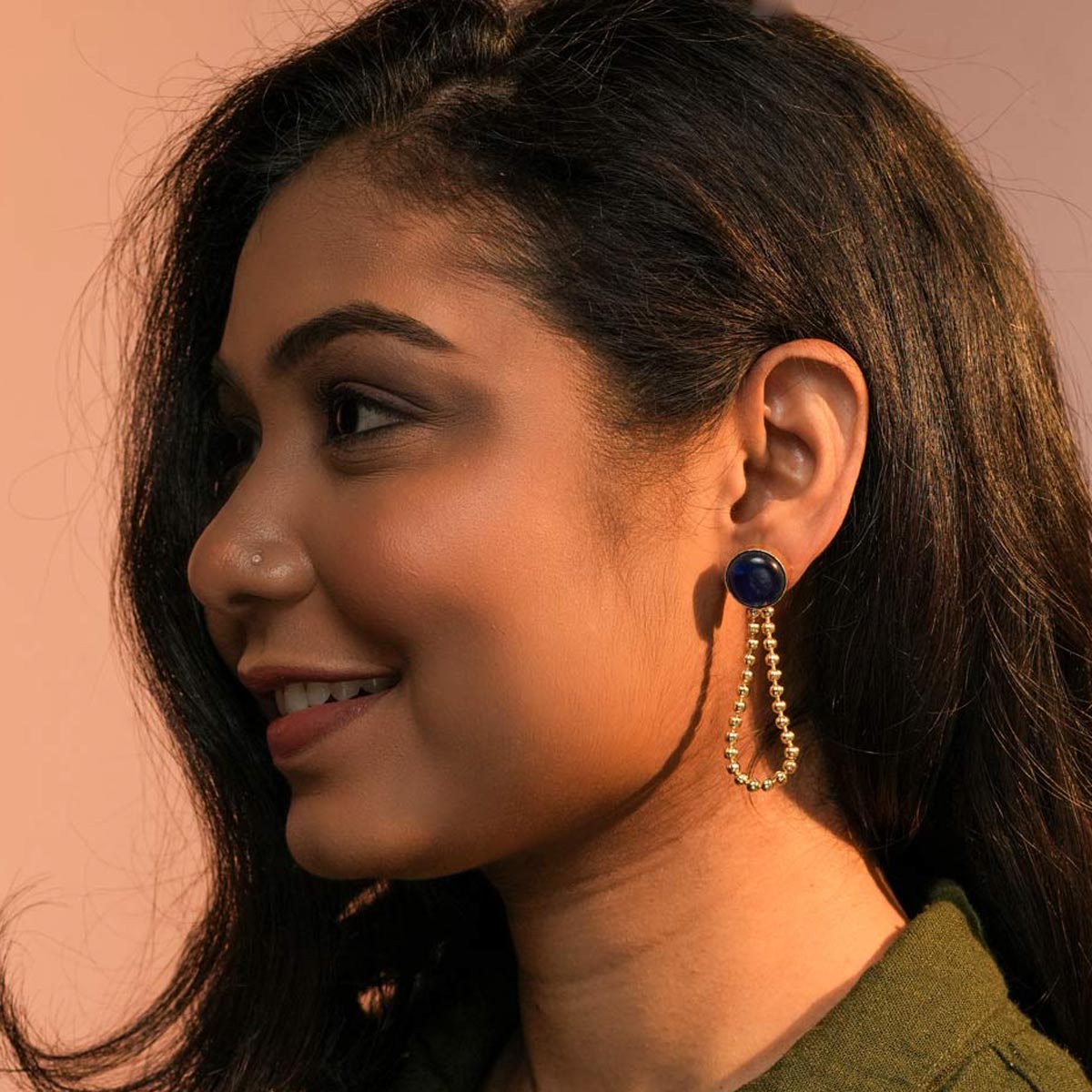 Green Beaded Drop Earrings with Circular Stud