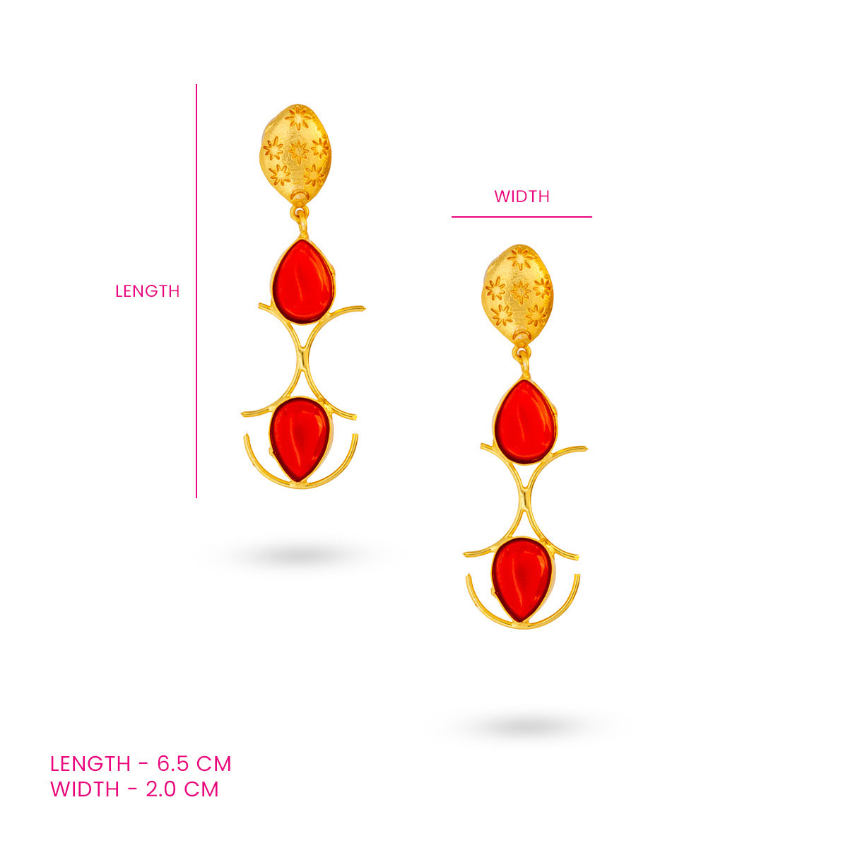Gold-Plated Crescent Dangle Earrings with Red Teardrop Stones