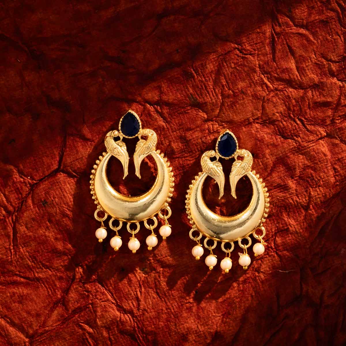 Gold-Plated Peacock-Inspired Crescent Earrings with Pearl Drops