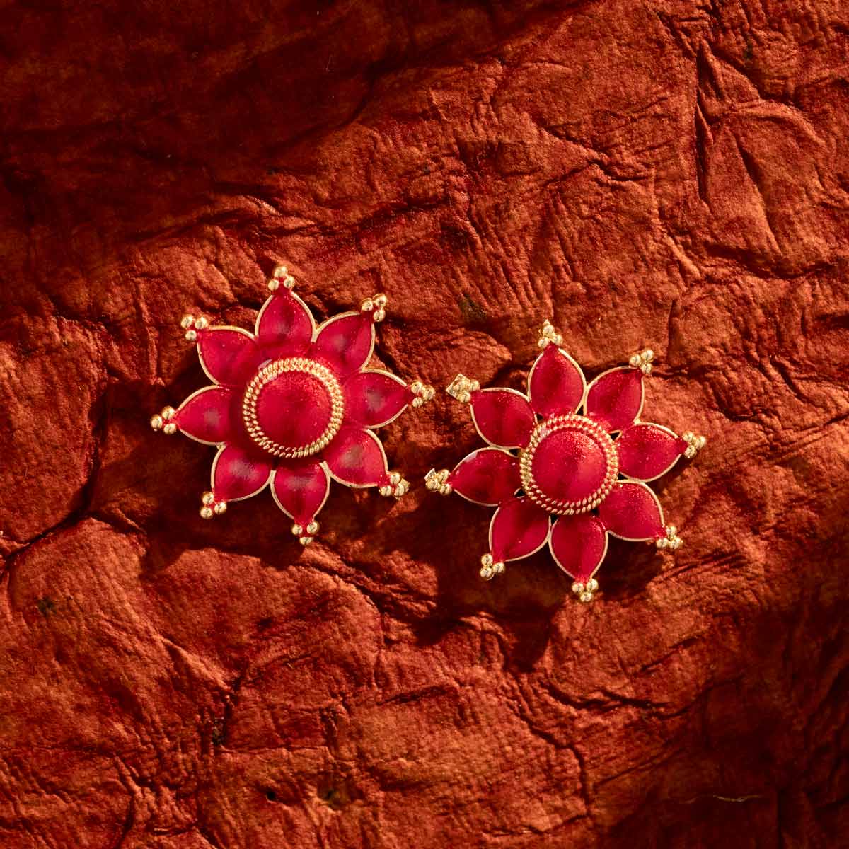 Gold-Plated Red Floral Stud Earrings