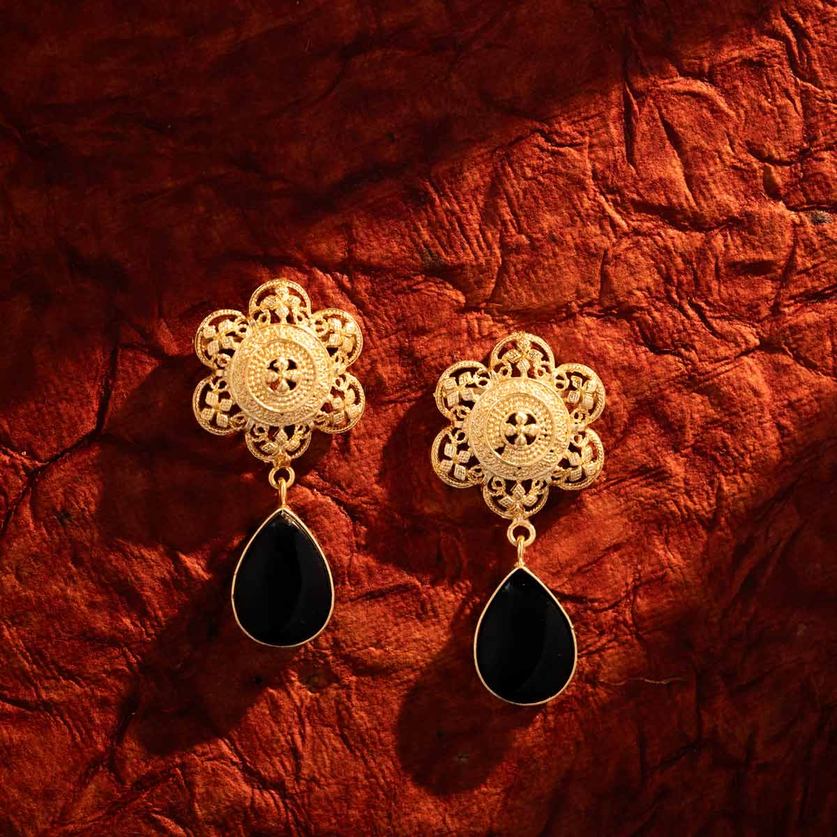 Gold-Plated Peach Teardrop Dangling Floral Earrings