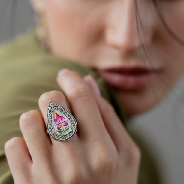 Hand painted Lotus Ring - Adjustable