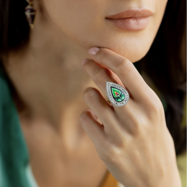 Hand painted Mor Pankh Ring - Adjustable