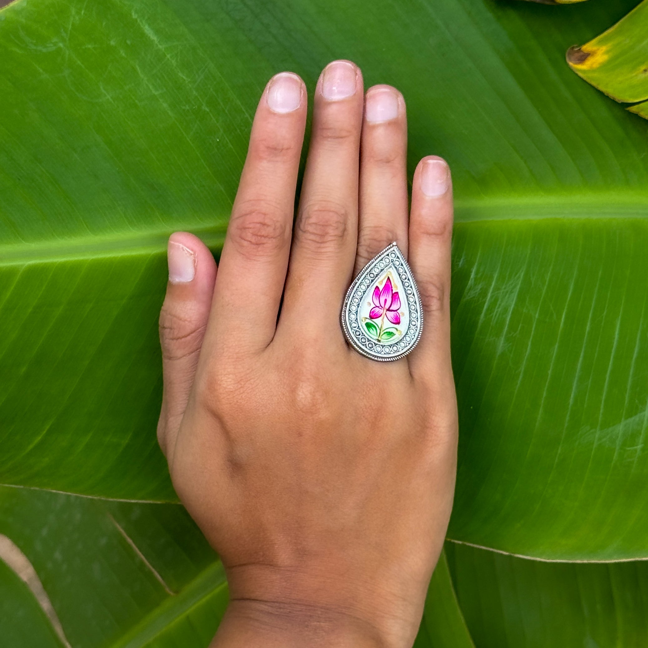 Hand painted Lotus Ring - Adjustable