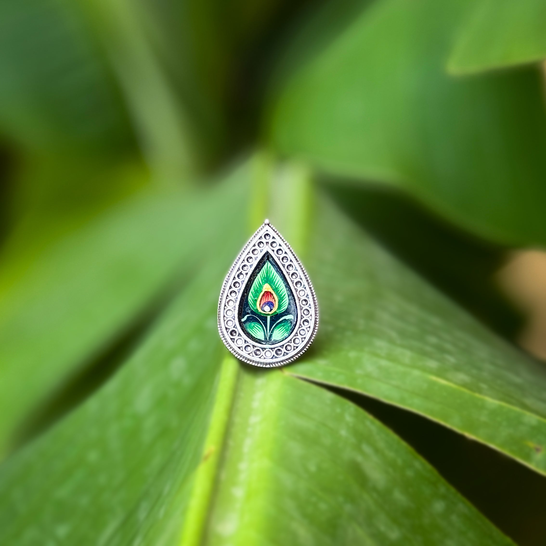 Hand painted Mor Pankh Ring - Adjustable