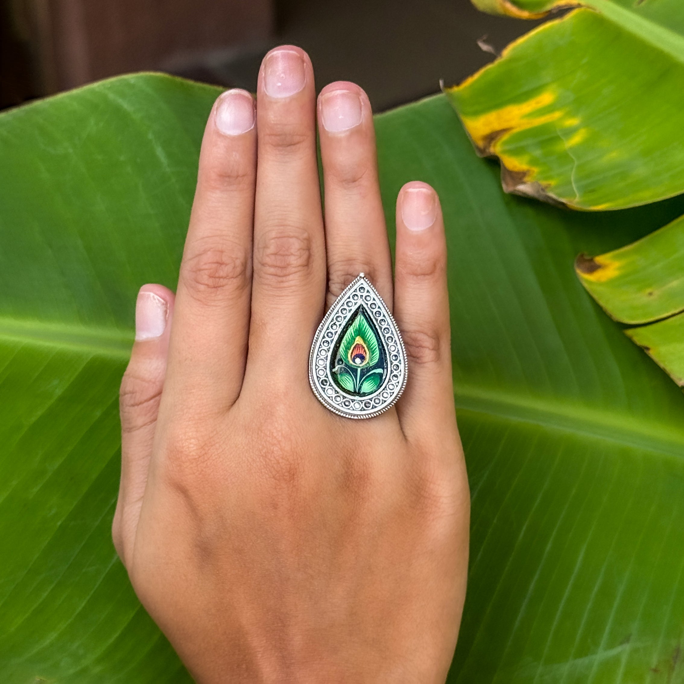 Hand painted Mor Pankh Ring - Adjustable