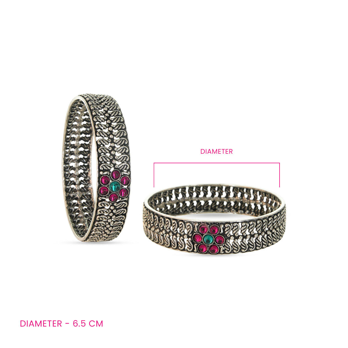 Oxidized Silver Bangle with Floral Embellishments - Single Bangle