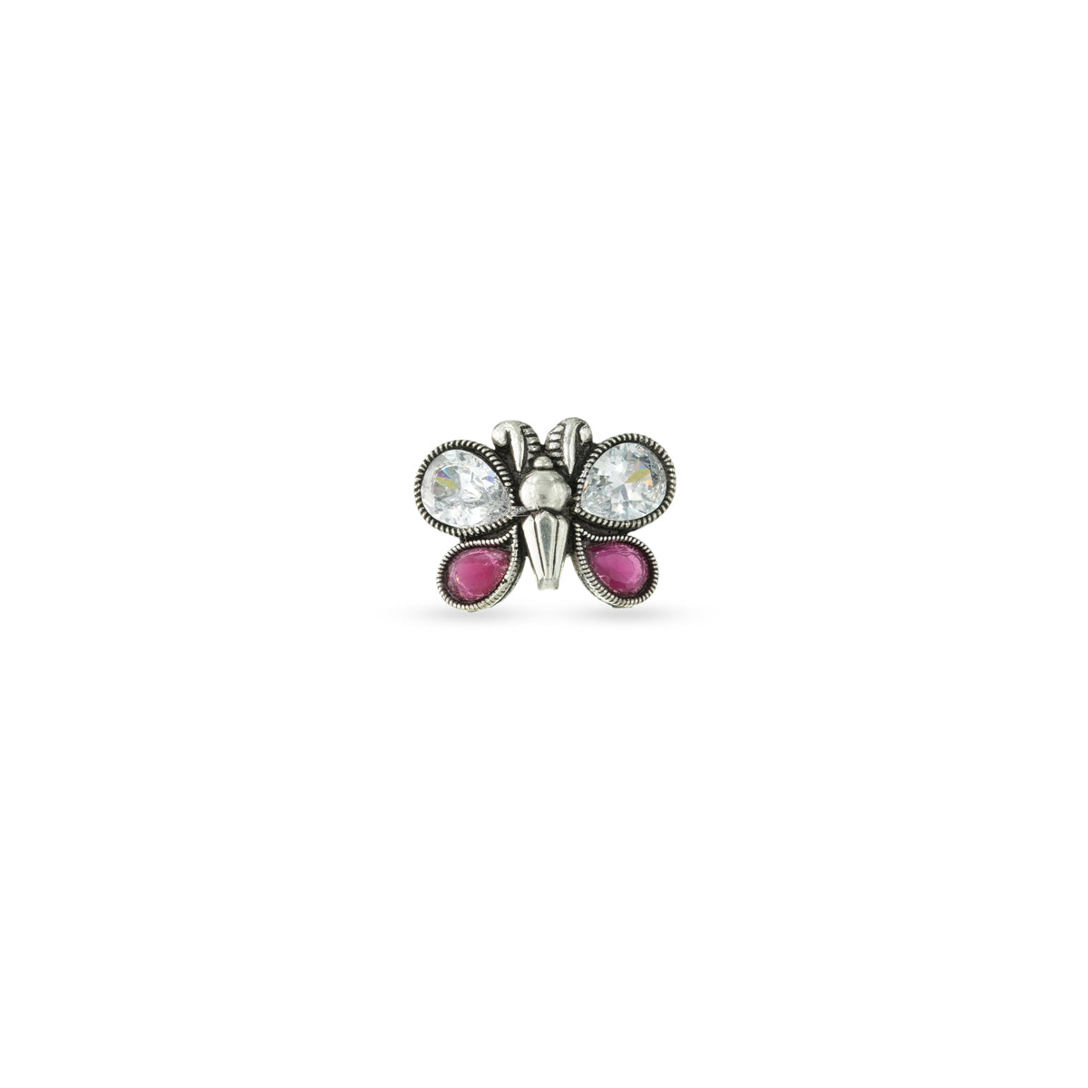 Oxidized Silver Butterfly Motif Ring with Pink and White Stones