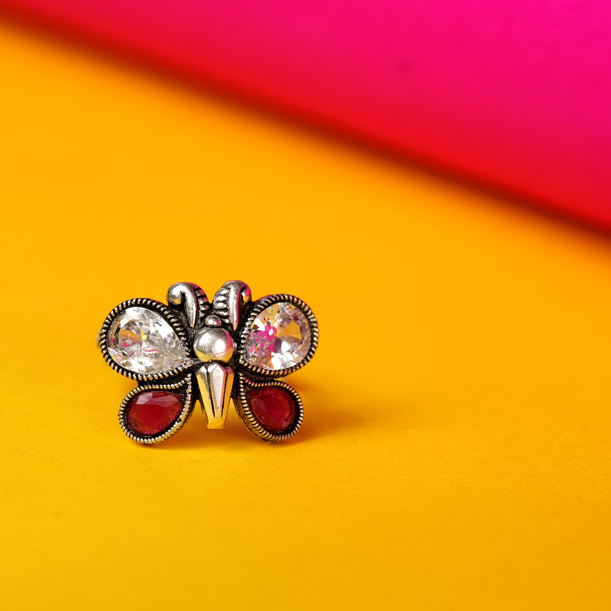 Oxidized Silver Butterfly Motif Ring with Pink and White Stones