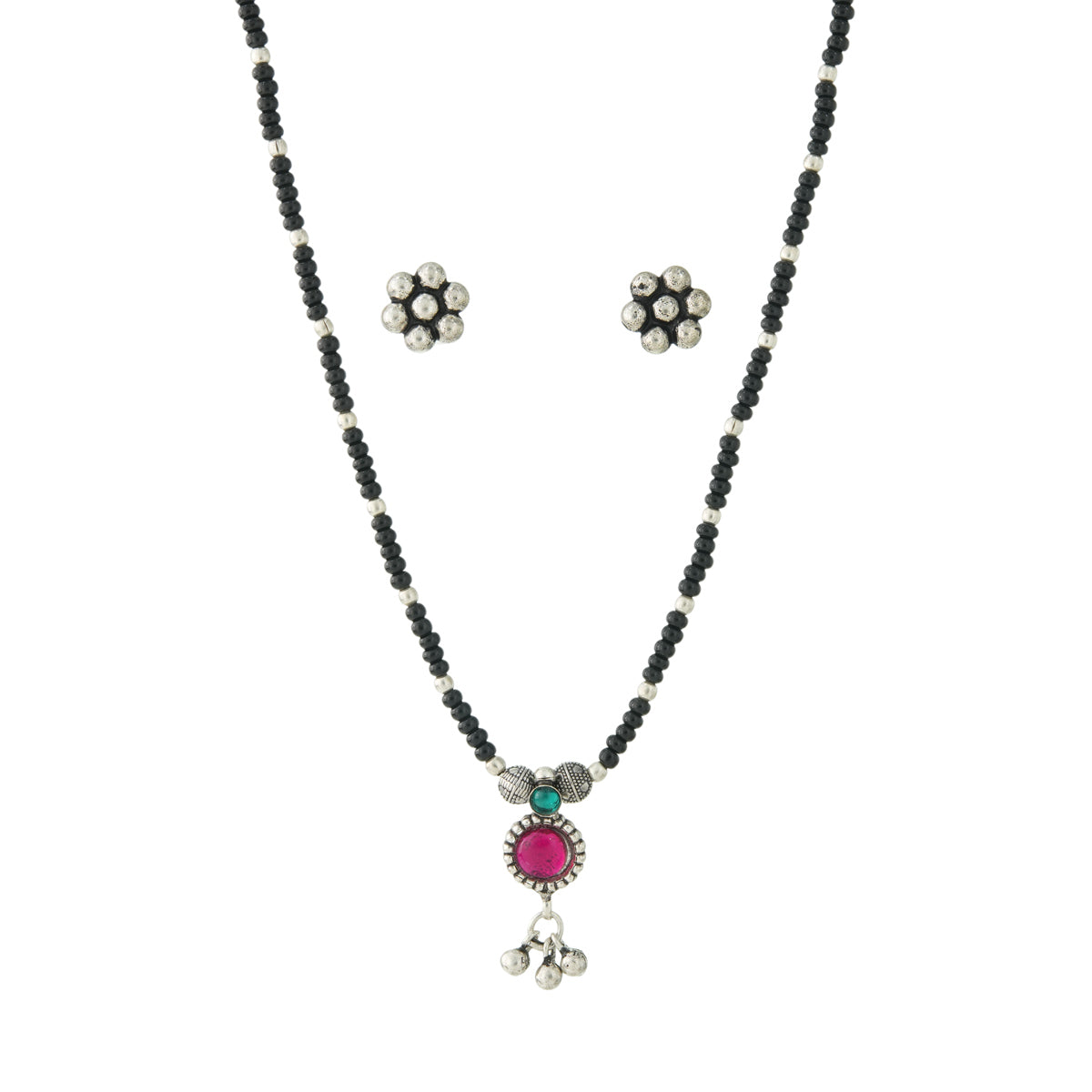 Oxidized Silver Floral Beaded Mangalsutra Set