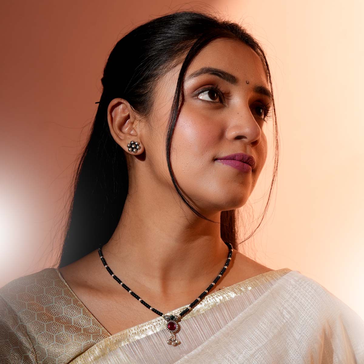 Oxidized Silver Floral Beaded Mangalsutra Set