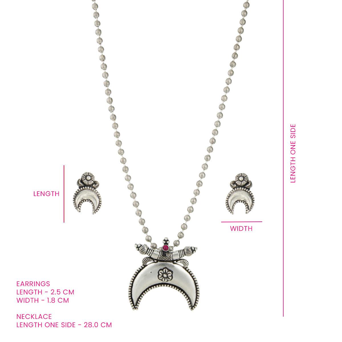 An oxidized silver necklace set with a crescent moon pendant and floral engravings, accompanied by matching earrings against a white background along with measurements. 