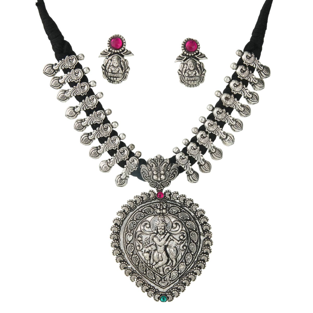 Shree Krishna Oxidized Silver Statement Necklace Set