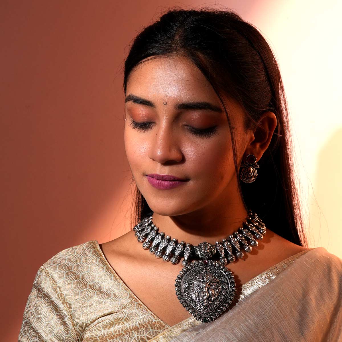 Shree Krishna Oxidized Silver Statement Necklace Set