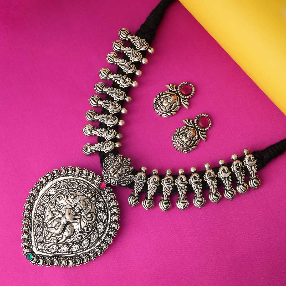 Shree Krishna Oxidized Silver Statement Necklace Set