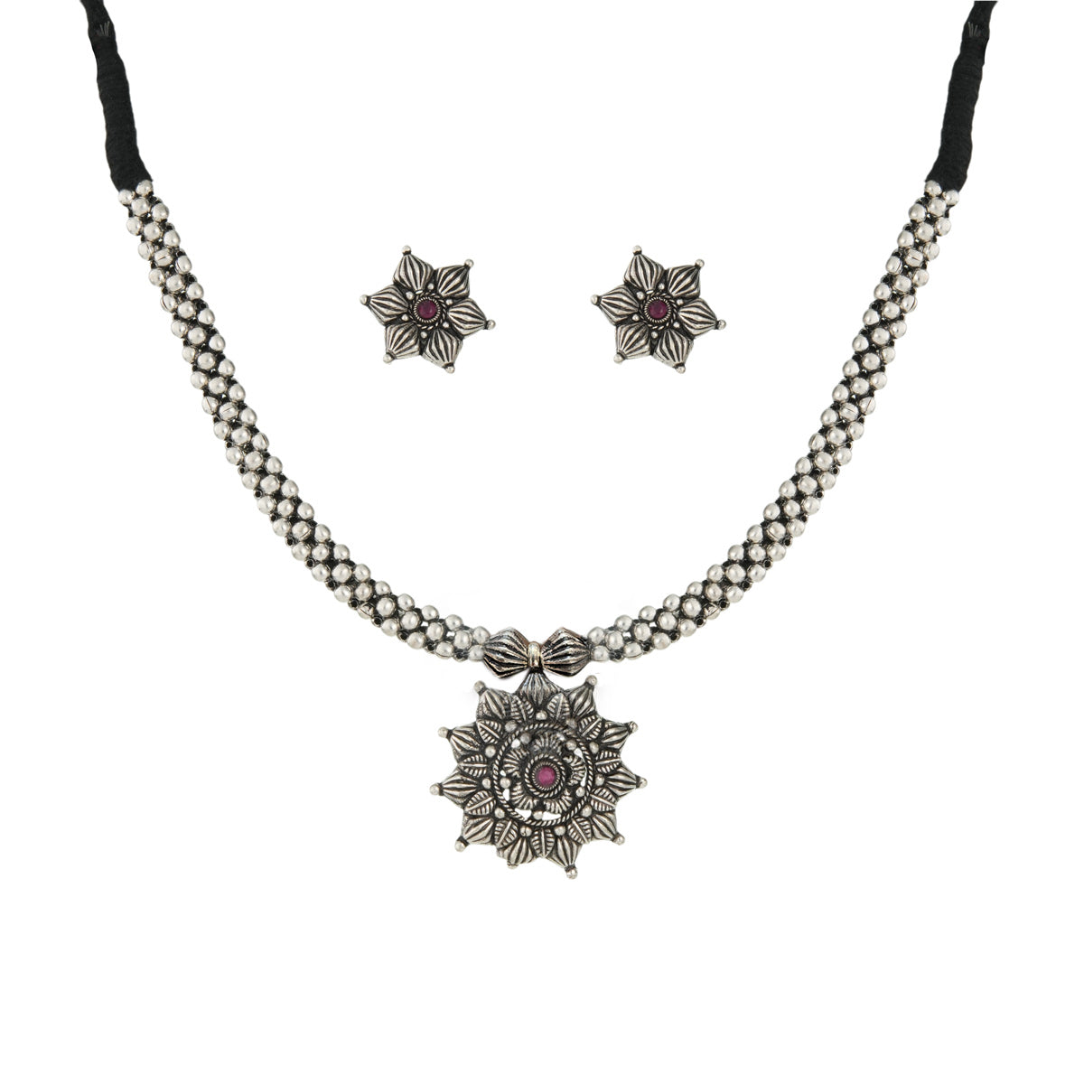 Floral Oxidized Thushi Set