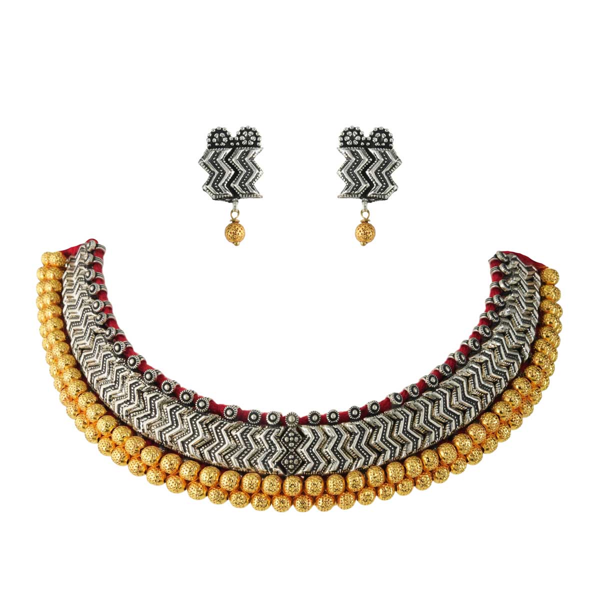 Golden Bead Oxidized Silver Necklace Set