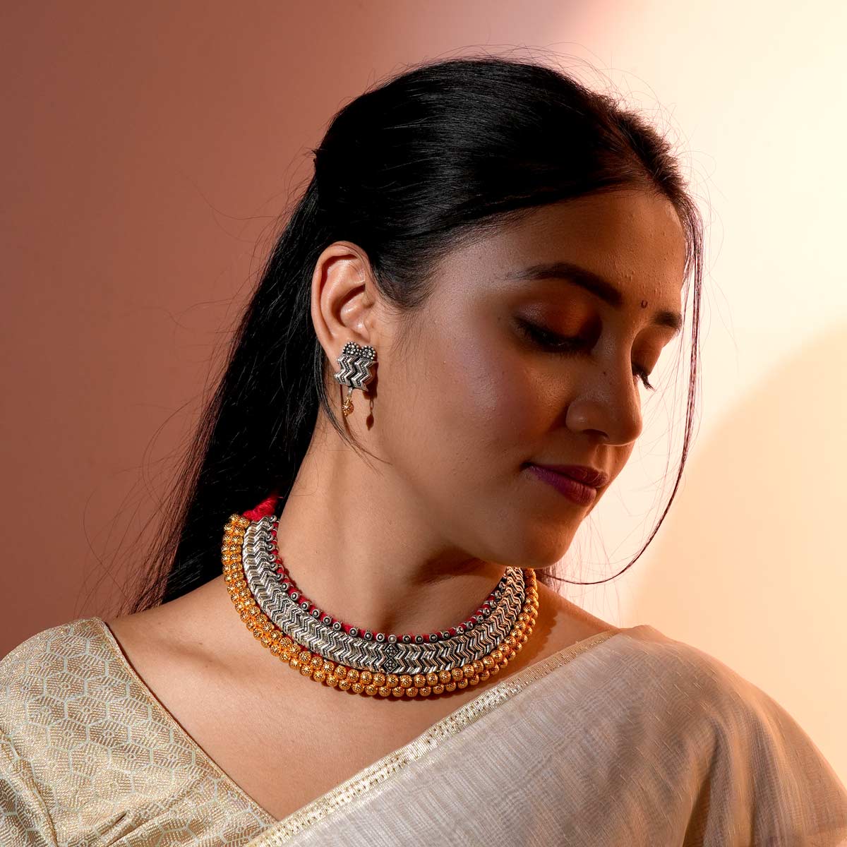 Golden Bead Oxidized Silver Necklace Set