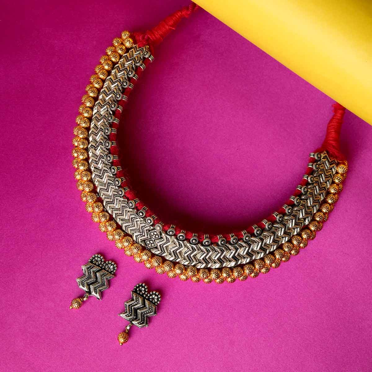Golden Bead Oxidized Silver Necklace Set