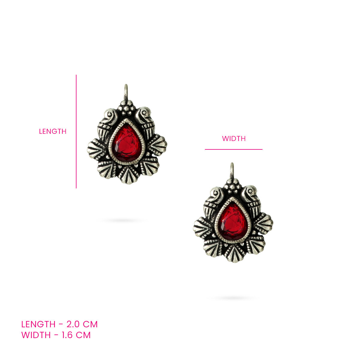 A pair of drop earrings featuring teardrop-shaped red stones set in floral brass designs.