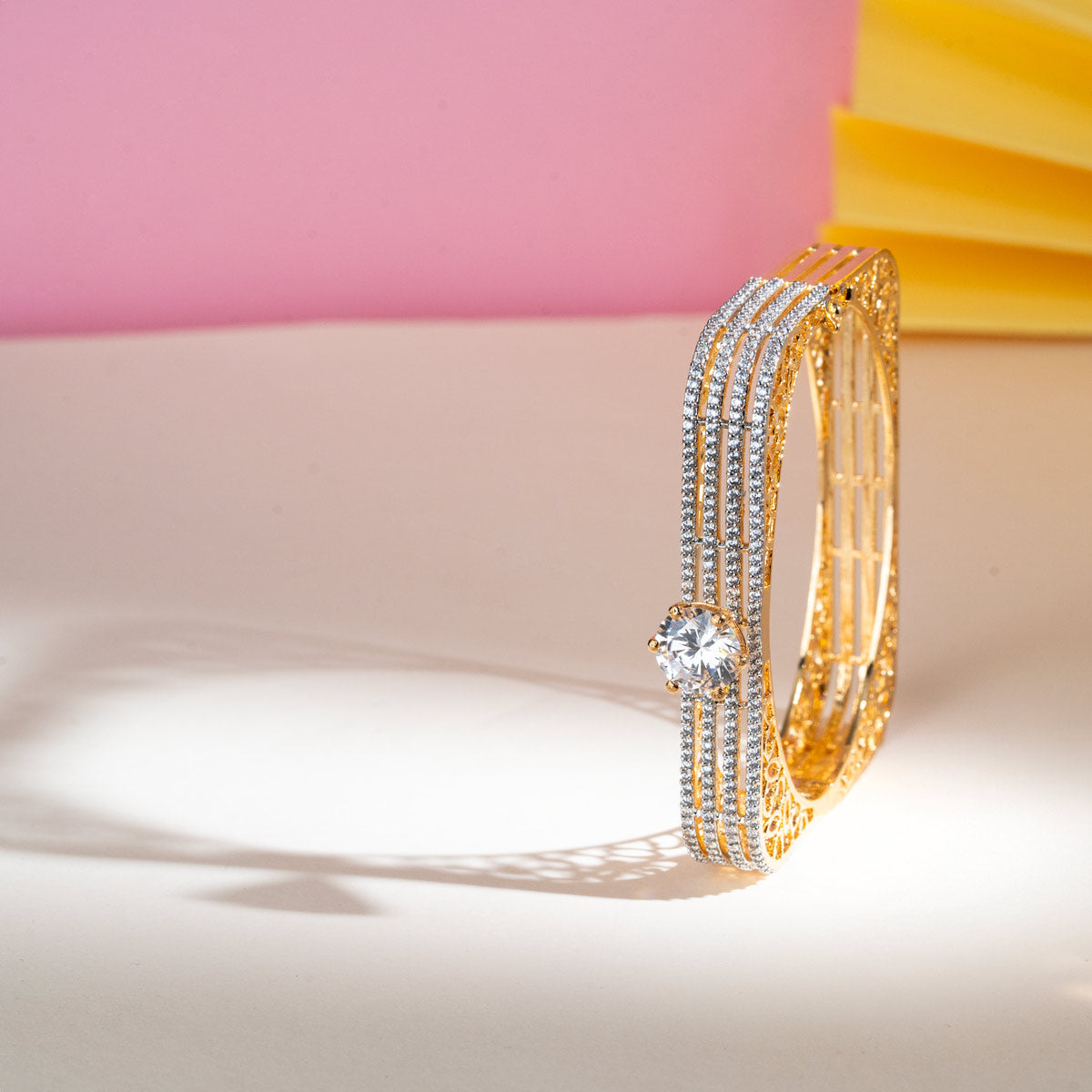 Square Zircon Solitaire Brass Bangle