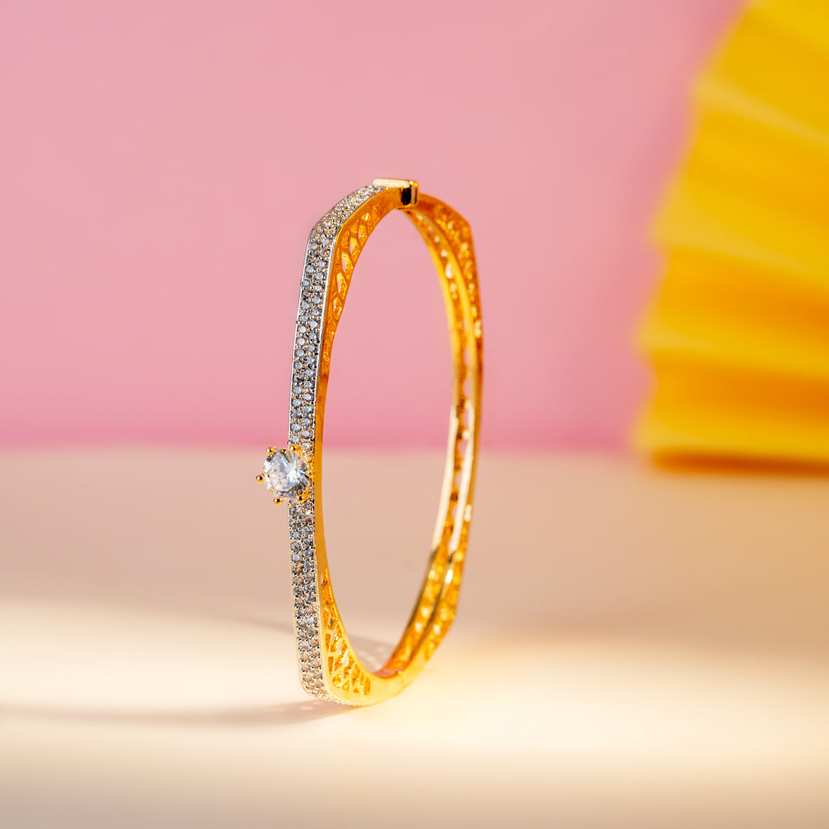Diamond Solitaire Brass Bangle