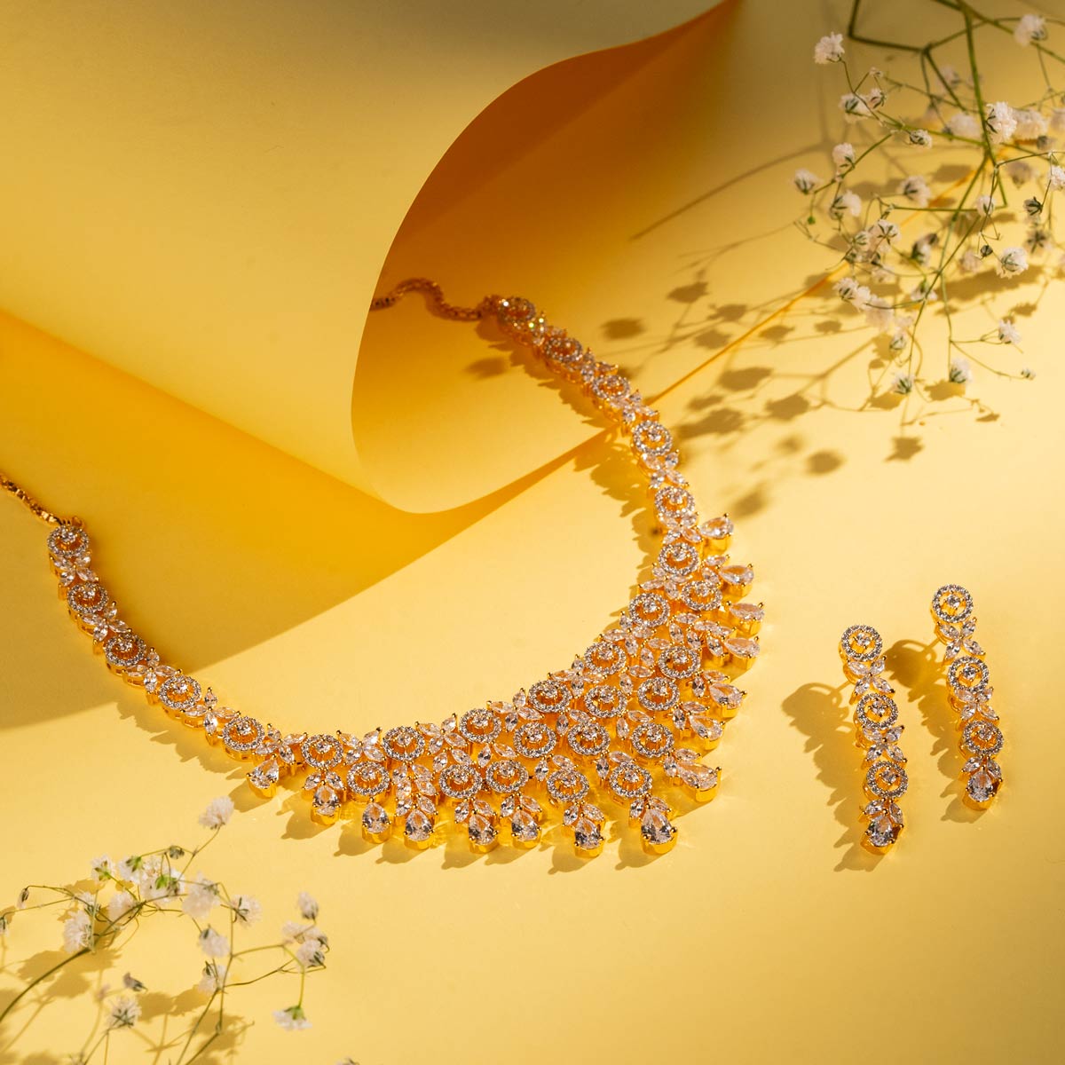 Glittering Floral Cascade Necklace Set