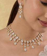 Close-up of a woman wearing a sparkling diamond necklace and earrings on a beige background