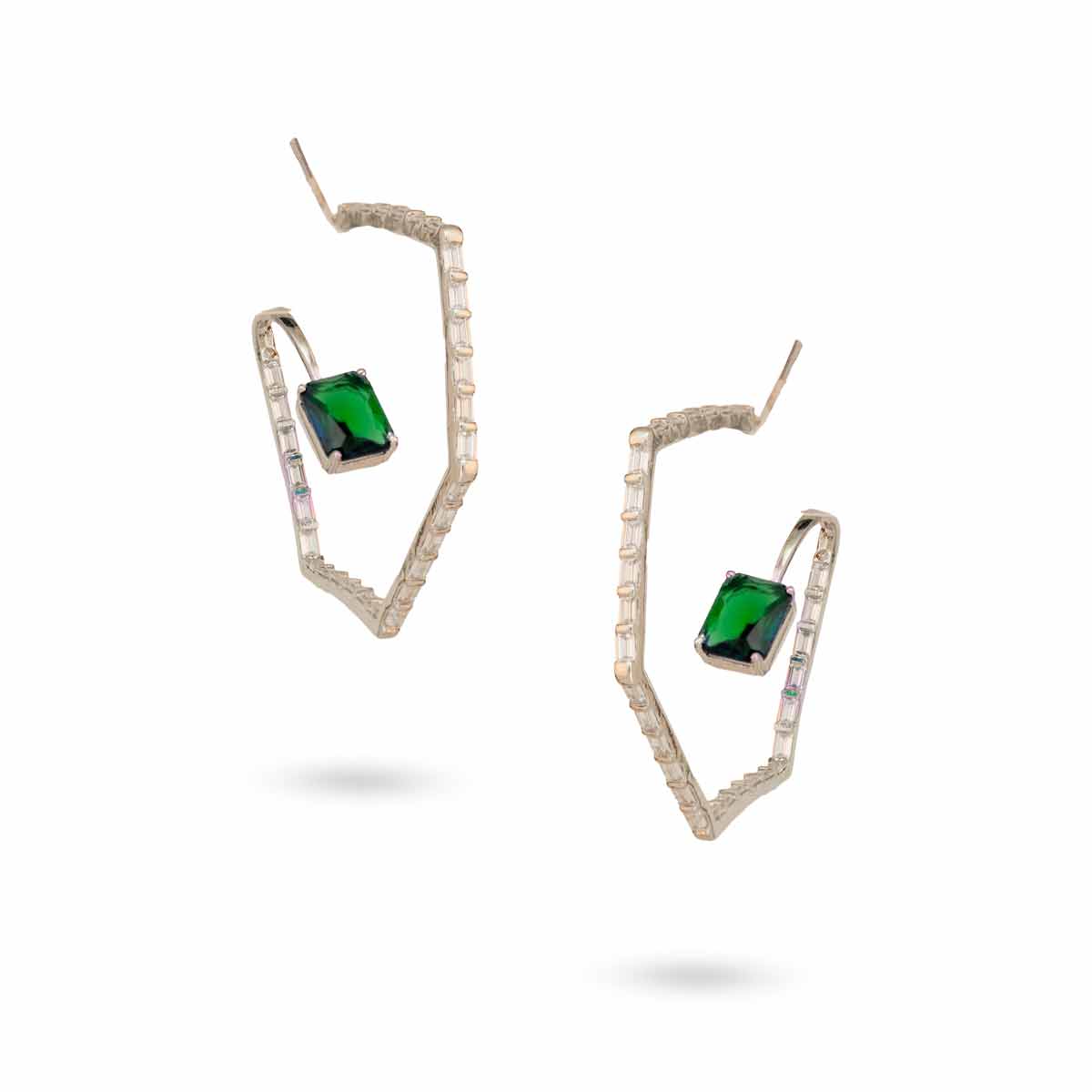 Modern V-Shape Earrings with Green Stones
