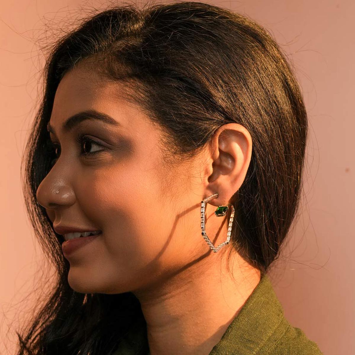 Modern V-Shape Earrings with Green Stones