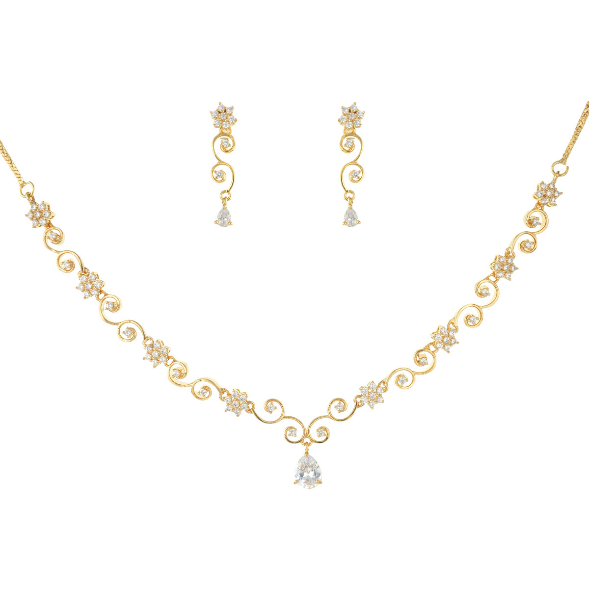 Swirl Floral Necklace and Earrings Set with CZ Stone – Utsaav by Gargi