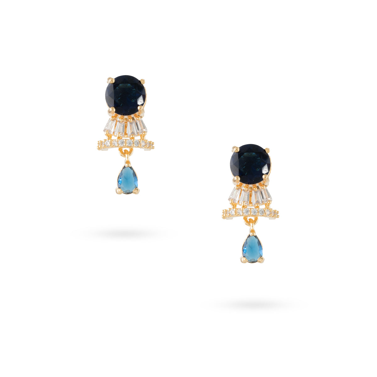 A pair of Midnight Sapphire Drop Earrings with round sapphire studs and cascading blue teardrop shapes with sparkling crystal accents on a white background.