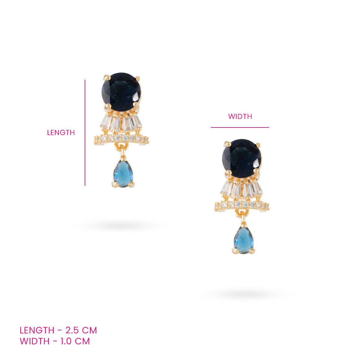 A pair of Midnight Sapphire Drop Earrings with round sapphire studs and cascading blue teardrop shapes with sparkling crystal accents on a white background along with measurements. 