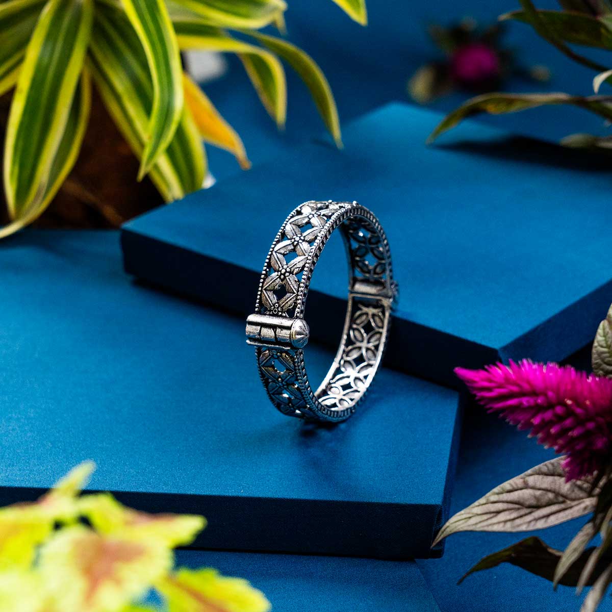 Oxidised Handmade Floral Adjustable Kada - Single Kada